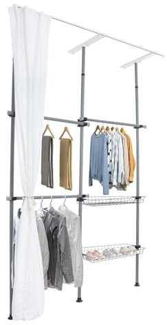MEHOOSPVN Teleskopstange Kleiderständer mit 3 Kleiderstangen und 2 Körben Teleskop Garderoben System Verstellbares Regalsystem, offener Kleiderschrank mit Vorhang Kleideraufbewahrungssystem, Grau