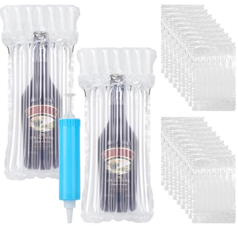 20 PCS Wine Bottle Protector, Inflatable Air Column Cushion with Pump, Reusable Bubble Cushion Wrap Sleeves, Wine Bottle Packaging for Airplane Travel,Transport, Safety Shipping