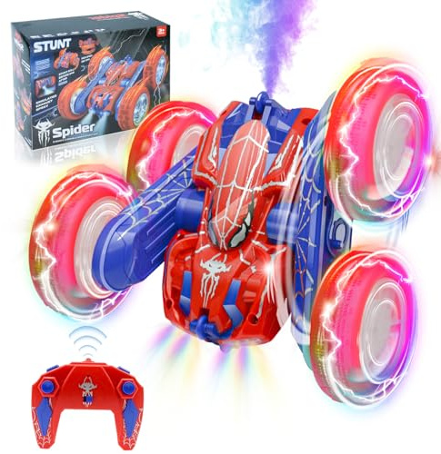 FORESTDREAM Ferngesteuertes Auto für Kinder, RC Stunt Auto 4WD mit Rauch Effekt und LED Licht, 360° Doppelseitiges Offroad RC Car im Spider Design, 2.4GHz Spielzeug Auto für Jungen und Mädchen (Rot)