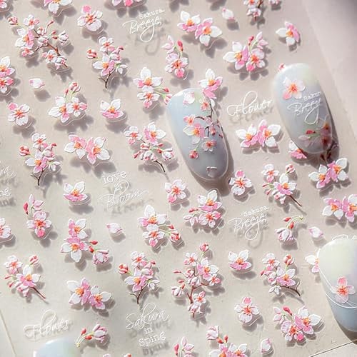 Auiremrti 5D Embossed Flower Nail Art Stickers, Self-Adhesive Sakura Nail Decals, Spring/Summer Nail Design Stickers, Letter Nail Art Accessories for Women
