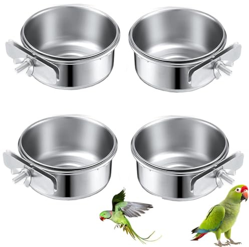 Lot de 4 gamelles en acier inoxydable pour oiseaux - 10 x 4,5 cm - Gamelles à suspendre - Mangeoire pour oiseaux - Pour perroquets et oiseaux