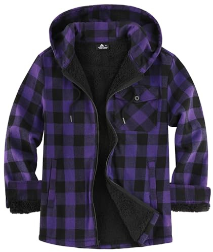 JACKETOWN Giacca Boscaiolo da Uomo Giacca Uomo Foderata Cappuccio a Quadri Flanella con Cerniera Sherpa Trekking Invernale Camicia in Flanella Outdoor(Viola 3XL)