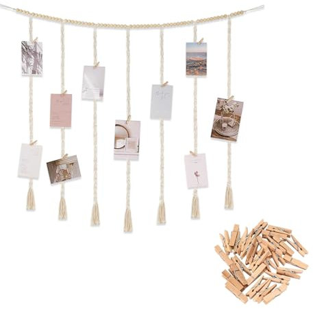 Fotowand mit Klammern, Fotogirlande Boho Fotovorhang Hängende Fotocollage Wand Bilderrahmen mit 45 Holz Klammern und Leine DIY Fotoseil für Wohnkultur Schlafzimmer Deko