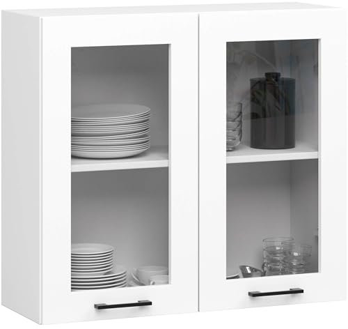 AKORD OLIWIA 80 cm Hängeglasschrank 2 Regalböden & 2 Türen | Hängeschrank Einbauküche Küchenzeile Küchenmöbel Oberschrank Küchenschrank B80xH72xT30,5 cm | Weiß