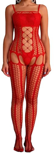 Leypafy Sexy Bodystockings Fishnet Bodysuit Rave Outfits Rayas Verticales Lencería de encaje abierto de Cuerpo Completo Para Body de malla para mujer(STLT-Red)