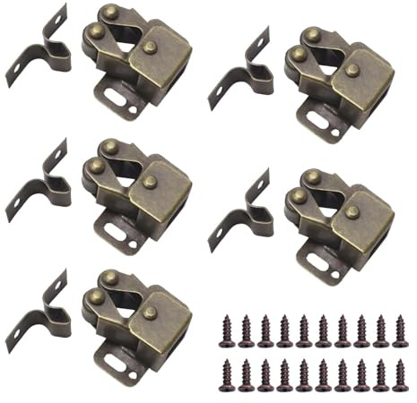 5PCS Double Roller Catch, Catch Cupboard Cabinet Door Latch, Twin Roller Closet Catches Carava-n Door Latch with 20 Screws, for Kitchen Close Cabinet Cupboard Closet Doors (Antique Bronzed)