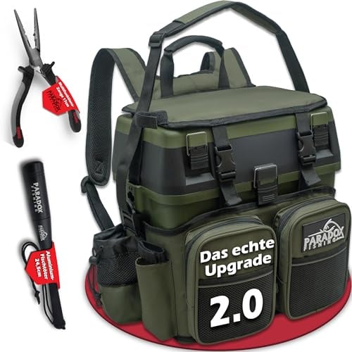 Paradox Fishing 3-in-1 Multifunktions-Sitzkiepe I Angelrucksack I Angeltasche Angelkoffer mit Sitz Angelkoffer- viel Platz für Angelzubehör (Starter Set schwarz/grün)