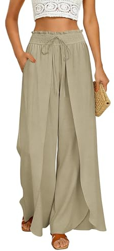 GRACE KARIN Leinenhose Damen Sommer Palazzo Fließend Strandhose | Tulpen Rüschen Saum,Seitenschlitz,Elastischer Hochtaillenbund,Kordelzug,Taschen,Leinen Blend,Urlaub&Flitterwochen&Hawaii