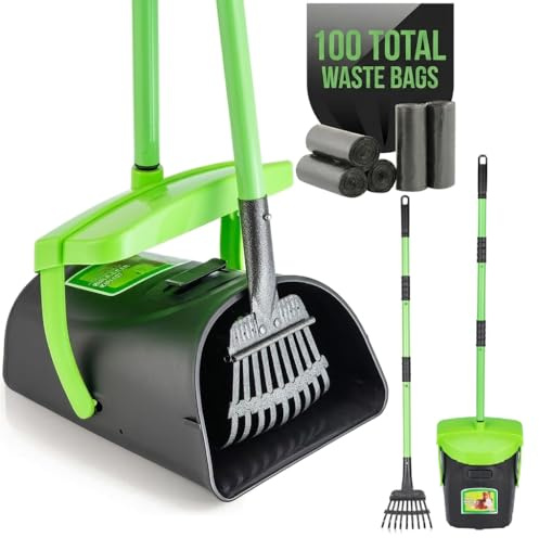 MXF Pooper Scooper Swivel Bin & Rake Kit with 100 Waste Bags, 36.6 Long Handle Dog Poop Scooper with Bag Attachment for Large Medium Small Dogs, Poop Scooper for Lawn Yard Dog Kennel