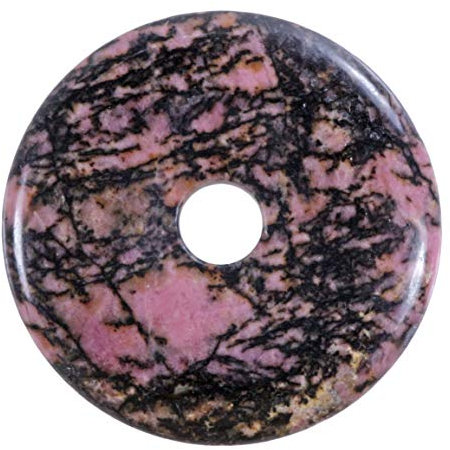 Lebensquelle Plus Edelstein Donut Ø 40 mm + Baumwollband + Edelsteinkarte | Naturstein Anhänger Halskette | Echte Heilsteinkette inkl. Band (Rhodonit)