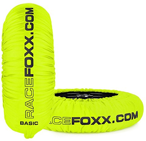 RACEFOXX Basic Reifenwärmer Tyre Warmers 80° C Heiztemperatur Superbike, 120/17 vorne und 180 bis 200/17 hinten neon gelb Rennsport Heizdecken Motorrad