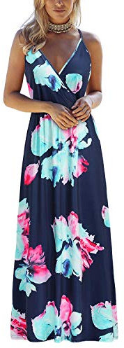 OUGES Sommerkleid Damen Lang Maxikleider V-Ausschnitt Kleider Ärmellos Blumenkleid Beiläufige Träger Rückenfreies Kleid Strandkleid Elegant Party Freizeitkleid Mit Taschen(Blumen06-OE442,XL)