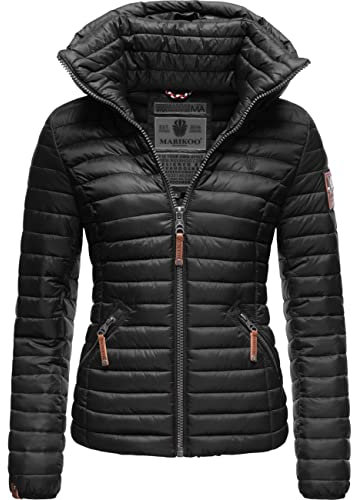 MARIKOO Damen Übergangsjacke Steppjacke mit abnembarer Kapuze Löwenbaby Schwarz Gr. S