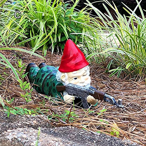 QTQHOME Armee Gartenzwerge Statue,Cartoon Polyresin GNOME Puppe GNOME War Ornamente,Militärische Gartenzwerg Mit Gun Figur Für Startseite Rasen Hof Dekor Kleine Größe-C Höhe: 15cm