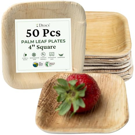 Dtocs Mini piatti quadrati in foglia di palma da 10,2 cm, per feste di degustazione (confezione da 50), effetto bambù, compostabili, usa e getta, per matrimoni, campeggio, compleanni, cocktail party