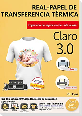 TransOurDream Real - Papel de Transferencia Fácil de Usar. Sin Impresión de Espejo A4x20 Hojas Papel Transfer Para Camisetas Blancas y Tejitos Claros Plancha Térmica Camiseta, ES-2-20