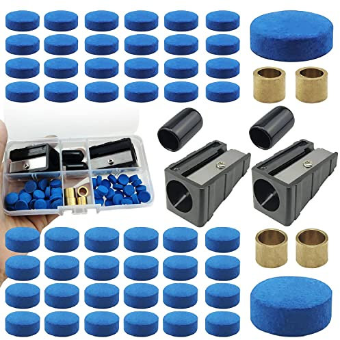 58 Stück Billard Queue Spitzen Set,50 Billiard Cue Tips 9/10mm, mit 4 Queuespitzen Ferrulen 9/10 mm,2 Queue Tip Trimmer,2 Gummi Billard Queue Schutzkappen für Snooker Pool Queues Pool Billard Blau