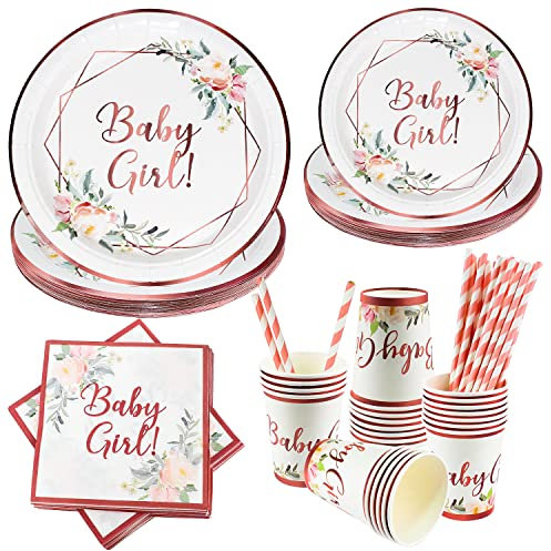 Baby Shower Decoration Assiette Kit 120PCS 24 Invités,Vaisselle Fille Carton Bapteme Fille en Carton Gobelets Serviettes Pailles, Jetable Nature Matériel,Deco Baby Shower Kit