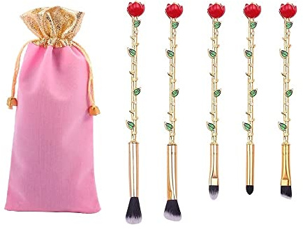 Lot de 5 pinceaux de maquillage en forme de rose avec pochette cadeau pour maquillage quotidien Doré