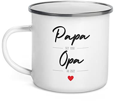 Emaille Tasse Du wirst Oma & Du wirst Opa mit Daten der Geburt, Schwangerschaft verkünden, Ihr werdet Oma u.Opa 2023 | Personalisierte Emaille Tasse | Papa seit Opa ab & Mama seit Oma ab,