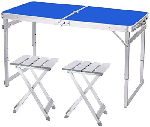 Tisch Klapptische 1,6 M Camping Aluminium Leicht Tragbar Indoor Outdoor Garten Party Urlaub Picknick BBQ mit Sonnenschirm Loch (Color : 1 Table+2 Stools B, Size : Blue)