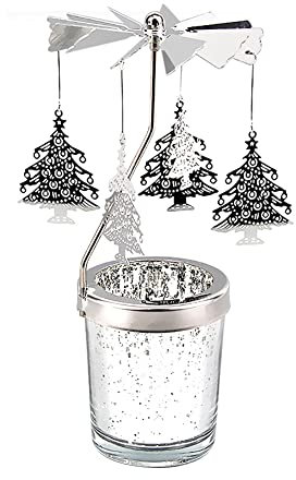 Surakey Windlicht Teelichtkarussel aus Glas Teelichthalter,Silber Karussell Teelichter Kerzenhalter,Motiv Zedernholz Windlichter Teelicht Kerzen Halter Geschenk Dekoration für Hochzeit,Weihnachten