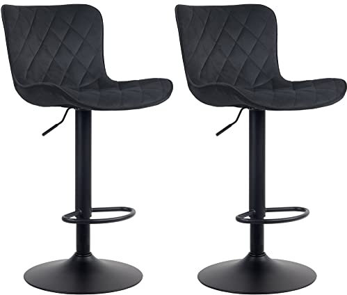 CLP Lot de 2 Tabourets De Bar Emma Similicuir Tissu Velours I Chaises Hautes Réglables Pivotant I Pied Métal Repose-Pieds, Couleur:Noir, Matériel:Velours