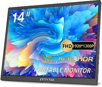 Portable Monitor 14 inch FHD 1920 x 1200P USB-C Portable Monitor for Laptop HDR IPS HDMI Monitor Second Screen for Laptop PC Phone Xbox Ras Pi PS4/5 Switch