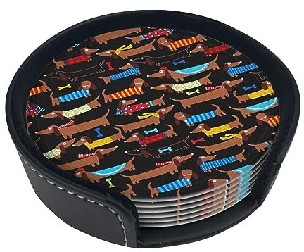 Faduni Dackel Leder-Untersetzer, 6 Stück, Rund, Brown