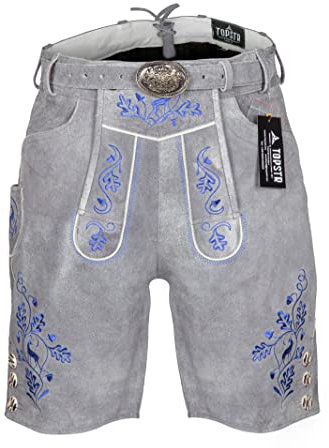 top str Herren Oktoberfest Trachtenlederhose Bayrische Lederhose Kurze Lederhose mit Trachtengürtel Grau Gr. 44-64 (60)