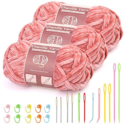 3 x 100 g (3 x 80 m) Chenille Garn, Samt Garn zum Stricken und Häkeln mit Nadeln mit großem Öhr, weiches Chenille für Kleidung, Decken, Taschen, Pullover, DIY-Strickprojekte (Pfirsichrosa)