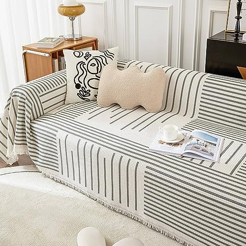 Homxi Sofa Überzug Dreisitzer,180x340CM,Sofabezug Universal Streifenmuster mit Quasten Sofa Baumwolle Überwurf Handtuch Sofa Grau Sofabezug