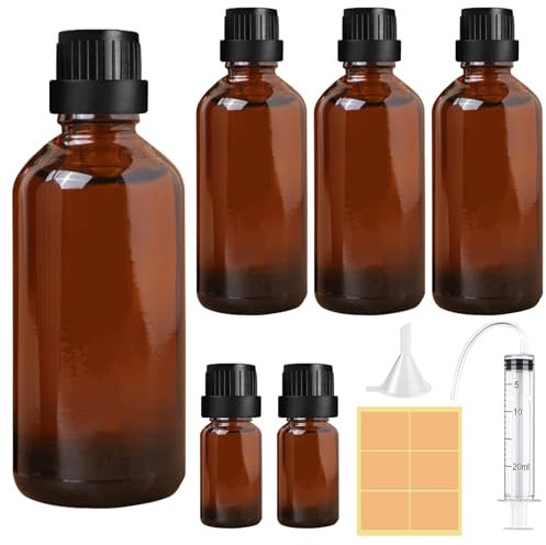 Furuising 4 Pièces 100ml Bouteilles D'huile Essentielle en Verre Ambré, Petits Flacons pour Huiles Essentielles, Flacons D'échantillons Ambrés avec 2 * 10ML Bouteilles pour Aromathérapie