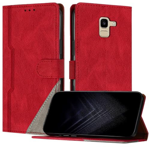 Netany Étui pour Samsung Galaxy J6 2018, Housse en Cuir PU avec [Protection Antichoc TPU] [Fonction Support] [Porte-Cartes ] Antichoc Magnétique Coque pour Galaxy J6 2018 - Rouge