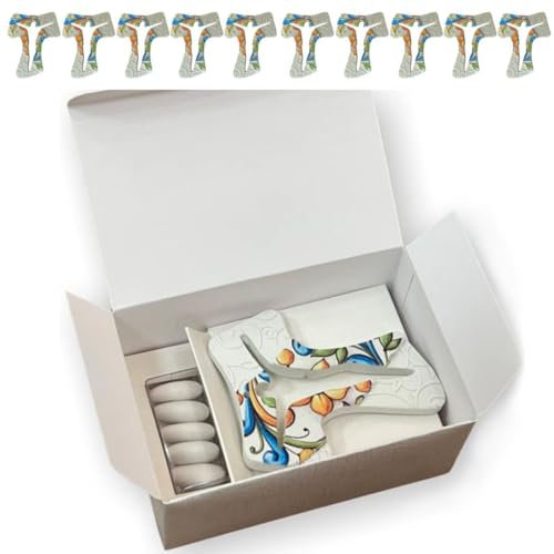 Regalami.Shop 10 Bomboniere Croci Tau in Marmo di Carrara con fregi a Rilievo e Stampa Ceramica Completo di Scatola e Portaonfetti (11x9, 10)