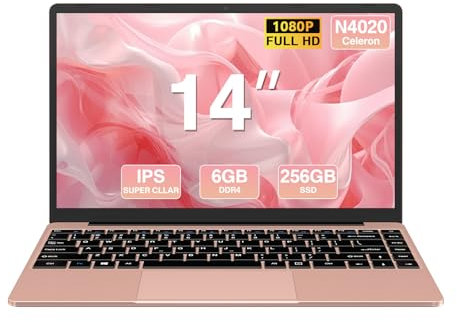 2025 Ordenador Portátil 14 Pulgadas hasta 2,8 GHz Celeron N4020 256GB SSD PC Portátil Soporta 1TB SSD Expansión con Ratón Inalámbrico para Trabajo-Estudio-Aprendizaje 1080P, BT4.2, USB 3.0 × 2-Oro