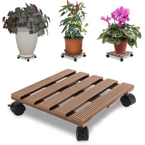 Jopassy 3X WPC Pflanzenroller 30x30CM, Blumenroller Tragkraft 80 KG, Rolluntersetzer mit Rollen, Rollbrett für den Innen- und Außenbereich, Kübelroller für Pflanzen, Blumentopf (Eckig Braun)