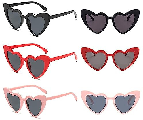 SHIQUAN 6 Stück Vintage Herzform Brille,90er Jahre Hippie Brille,Verrücktes Sonnenbrillen Set in Herzform,Partybrille für Frauen,für Partys,Verkleidungen,Reisen (Rot,Weiß,Schwarz)