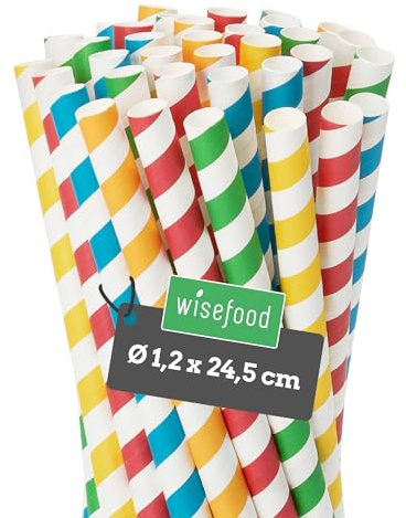 Wisefood® Strohhalme Papier [25 cm Ø 12] Party Deko [bunt] alternative Strohhalme Plastik-frei als Milkshake Set für Geburtstag Hochzeit DIY [120 Stk] für Cocktail Cola Energy Drink Bubble Tea