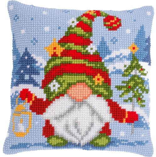 VERVACO Kreuzstich Stickpackungen Kissen Stickerei Set Anfänger Vorgedruckt Weihnachtsgnom DIY Set Kreativ Set Für Erwachsene Dekoratives Kissen ca. 40 x 40 cm Bastelset Handwerker Haus Dekoration