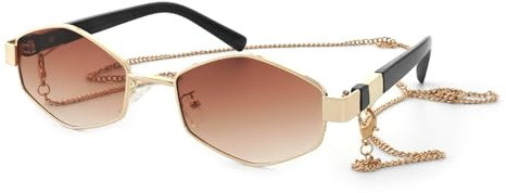 JiSoo Hexagon Sunglasses with Chain Gold 90s Sunglasses Women, Retro Festival Sun Glasses