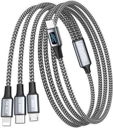 RAVIAD 100W USB C auf Multi Ladekabel [1.2M] Ladekabel 3 in 1 Schnellladekabel mit LED Display Kabel USBC auf USB C[100W]+Micro[10W]+Lightning[27W] Kompatibel mit iPhone 16 15, Galaxy S24 S23, Pad