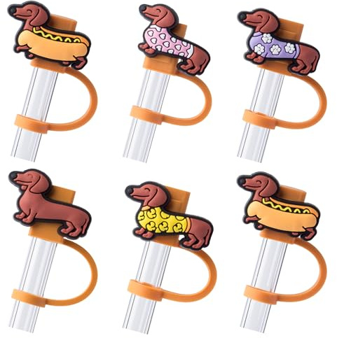 6 fundas de pajita de perro salchicha, decoración de paja de perro salchicha, 10 mm, fundas de punta de popote para accesorios de vaso Stanley
