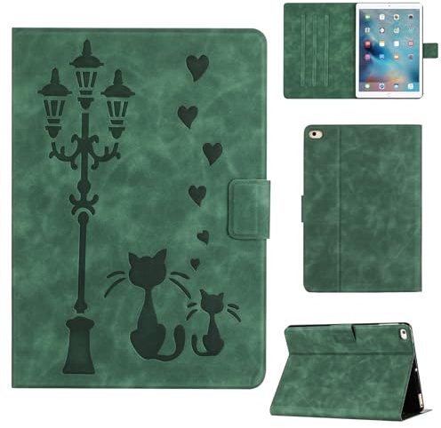 Rosbtib Funda para iPad 9.7 5 Generación 2017/iPad 9.7 6 Generación 2018 Funda Protectora de Piel sintética con Soporte, Una Pareja de Gatos íntimos bajo una farola, para iPad 9.7, Verde