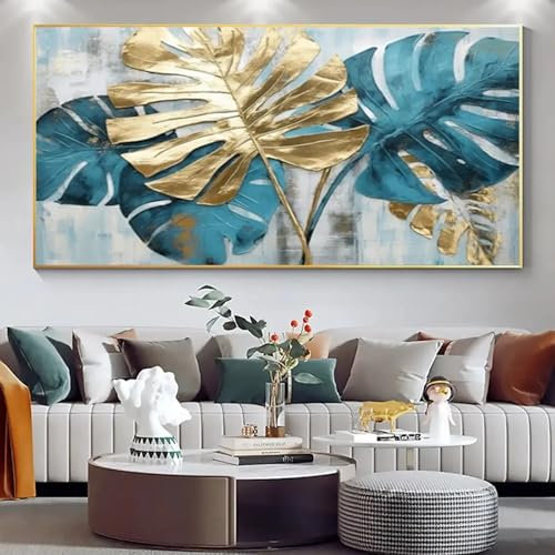 XINBAO Einfaches goldgrünes Monstera-Blatt-Bild auf Leinwand, Pflanzenposter, Leinwand-Kunstdrucke, für Schlafzimmer, Arbeitszimmer, Dekoration, 70 x 140 cm, mit Rahmen