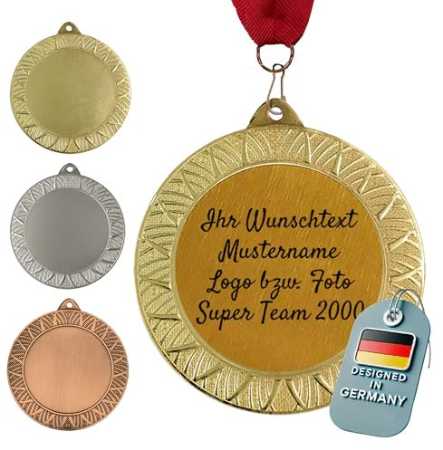 Larius Premium Medaille aus Metall mit Gravur (Ø70 mm, 95 g, 3 mm dick) – mit Wunschtext/Foto – in Gold, Silber oder Bronze – für Kindergeburtstage, Fussball, Turniere & Vereine (mit Halsband, Gold)