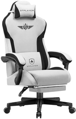 GTPLAYER Gaming Stuhl, Ergonomischer Gamer Stuhl aus Stoff mit Lendenwirbelstütze, PC-Stuhl mit verbreiterter Rückenlehne, Belastbar bis 150 kg, Grau