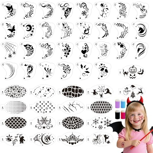 EAPIKON 48 Gesichtsbemalung‑Schablonen mit 4 Fingerschwämmchen, Tattoo Schmink-Schablone Wiederverwendbare für Gesicht Körper Augen Kinder Erwachsene Halloween Weihnachten Festival Make-up