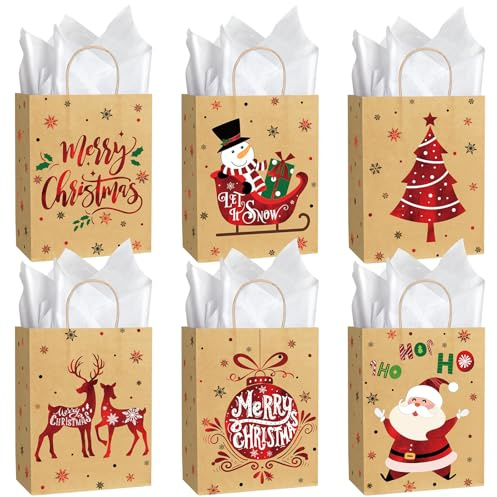 12 Stück große Weihnachts Geschenktüten mit Seidenpapier, 25x13x32 cm | Kraftpapiertüten mit Griffen für Weihnachtsfeiern, Giveaways, Kindergeburtstage & Geschenke