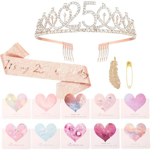 25. Geburtstag Mädchen Deko, Rose Gold Party Deko 25. Geburtstag Krone und Schärpe Alles Gute zum 25. Geburtstagsgeschenk, Partyzubehör(inkl. 10 Grußkarten und 1 Goldener Feder-Haarspange)